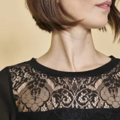 3 SUISSESTee-shirt manches longues dos ouvert et drapé dentelle femme - Noir
