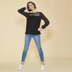 3 SUISSESTee-shirt manches longues dos ouvert et drapé dentelle femme - Noir