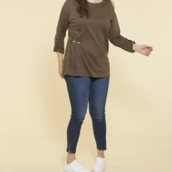 3 SUISSESTee-shirt manches longues ajustables clip métallique latéral femme - kaki foncé en coton