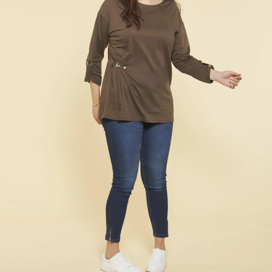 3 SUISSESTee-shirt manches longues ajustables clip métallique latéral femme - kaki foncé en coton