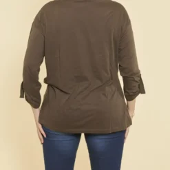 3 SUISSESTee-shirt manches longues ajustables clip métallique latéral femme - kaki foncé en coton