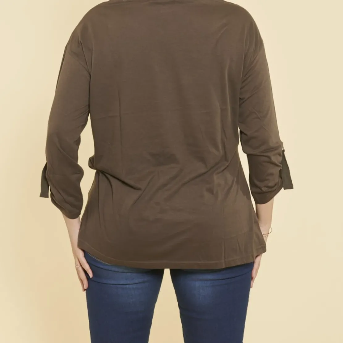 3 SUISSESTee-shirt manches longues ajustables clip métallique latéral femme - kaki foncé en coton