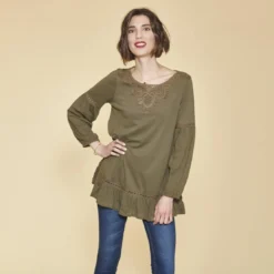 3 SUISSESTee-shirt manches longues élastiquées guipure et volants femme - Kaki en coton