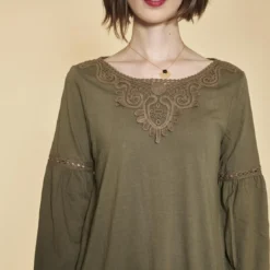 3 SUISSESTee-shirt manches longues élastiquées guipure et volants femme - Kaki en coton