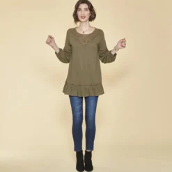 3 SUISSESTee-shirt manches longues élastiquées guipure et volants femme - Kaki en coton
