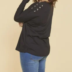 3 SUISSESTee-shirt manches longues kimono avec cordons entrecroisés grandes tailles femme - Noir en coton