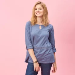 3 SUISSESTee-shirt manches longues ajustables dentelle et fronces femme - Bleu en coton