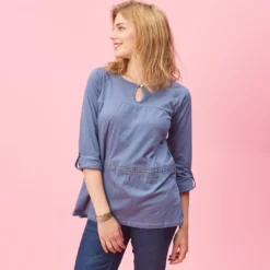 3 SUISSESTee-shirt manches longues ajustables dentelle et fronces femme - Bleu en coton