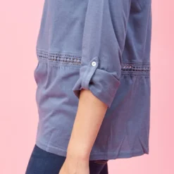 3 SUISSESTee-shirt manches longues ajustables dentelle et fronces femme - Bleu en coton