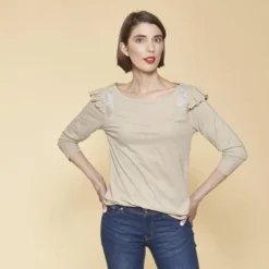 3 SUISSESTee-shirt manches 3/4 volants et broderie femme - Beige