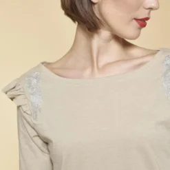 3 SUISSESTee-shirt manches 3/4 volants et broderie femme - Beige