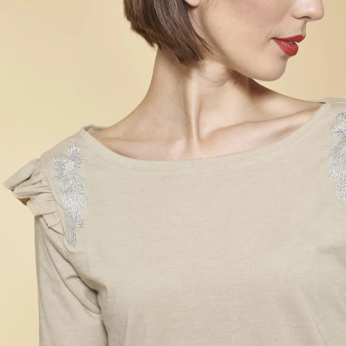 3 SUISSESTee-shirt manches 3/4 volants et broderie femme - Beige