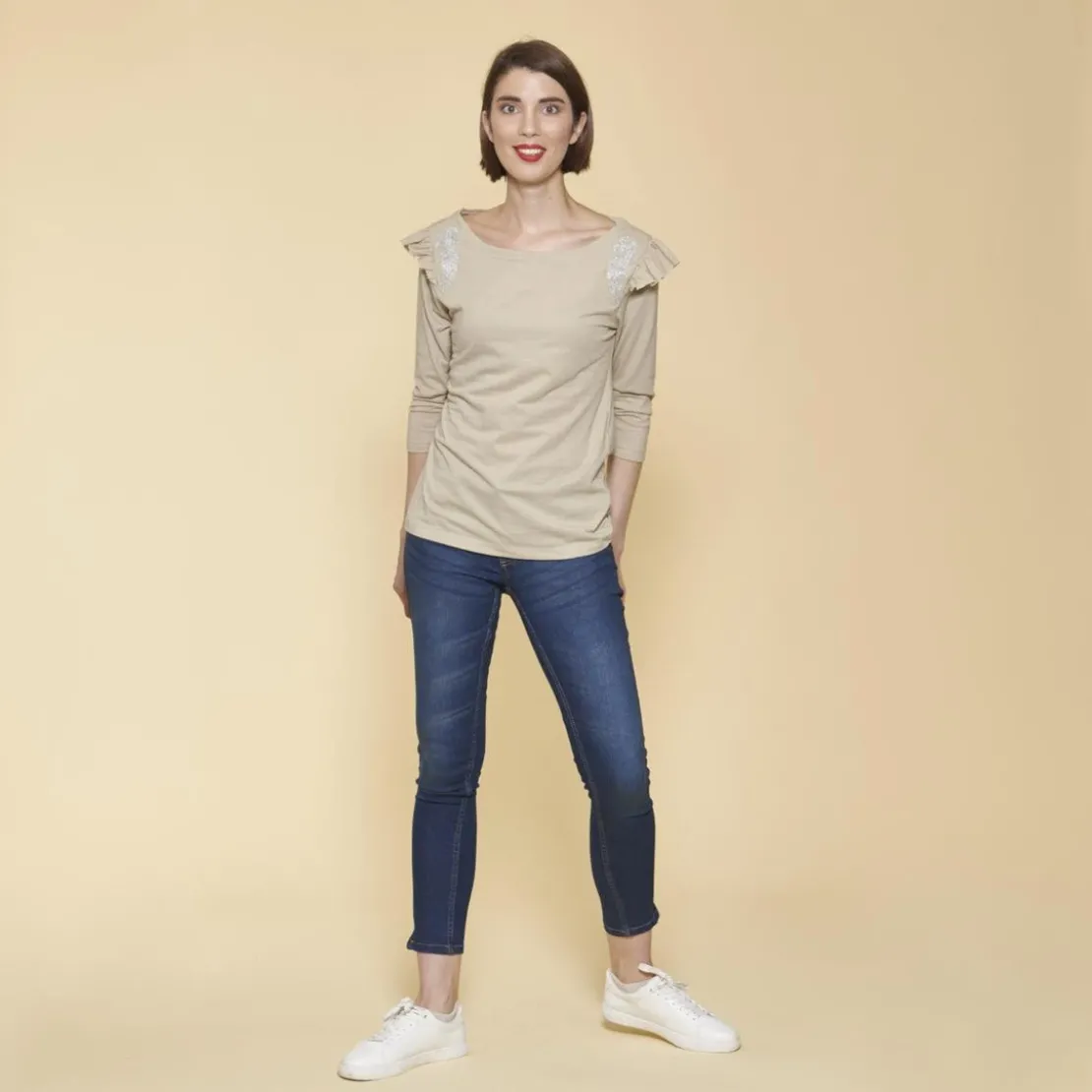 3 SUISSESTee-shirt manches 3/4 volants et broderie femme - Beige