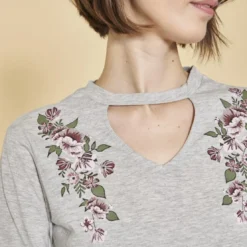3 SUISSESTee-shirt ouverture en V manches longues élastiquées imprimé devant femme - gris chiné