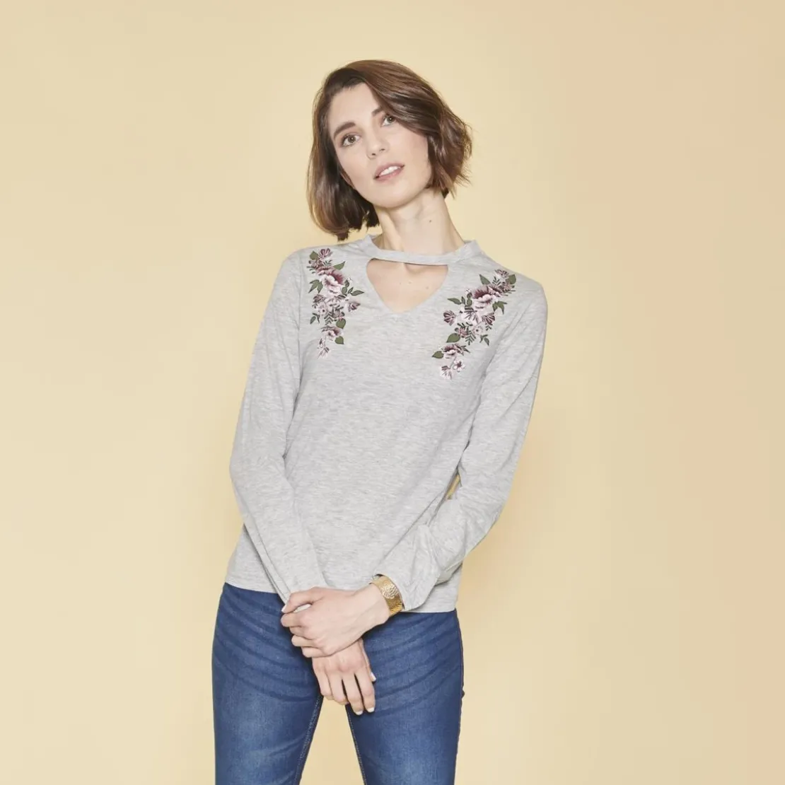 3 SUISSESTee-shirt ouverture en V manches longues élastiquées imprimé devant femme - gris chiné