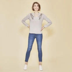 3 SUISSESTee-shirt ouverture en V manches longues élastiquées imprimé devant femme - gris chiné
