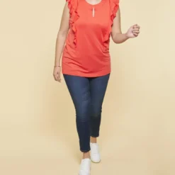 3 SUISSESTee-shirt uni manches courtes double volant femme - Corail rouge