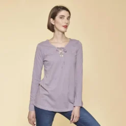 3 SUISSESTee-shirt évasé col V avec cordon manches longues femme - Parme violet en coton