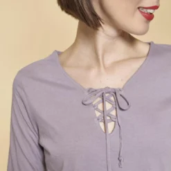 3 SUISSESTee-shirt évasé col V avec cordon manches longues femme - Parme violet en coton