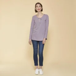 3 SUISSESTee-shirt évasé col V avec cordon manches longues femme - Parme violet en coton