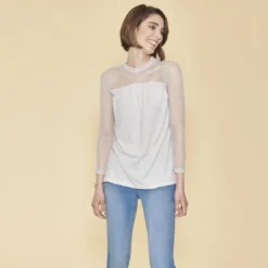 3 SUISSESTee-shirt évasé plumetis manches longues femme - Gris Clair en coton