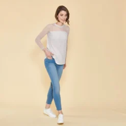 3 SUISSESTee-shirt évasé plumetis manches longues femme - Gris Clair en coton