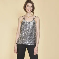 3 SUISSESTop doubles bretelles croisées dos et sequins devant femme - gris foncé