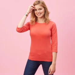 3 SUISSEST-shirt uni à manches 3/4 - Rose orange en coton