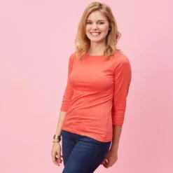 3 SUISSEST-shirt uni à manches 3/4 - Rose orange en coton