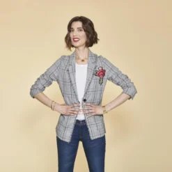 3 SUISSESVeste à carreaux manches longues franges et broderie femme - Carreaux Noir
