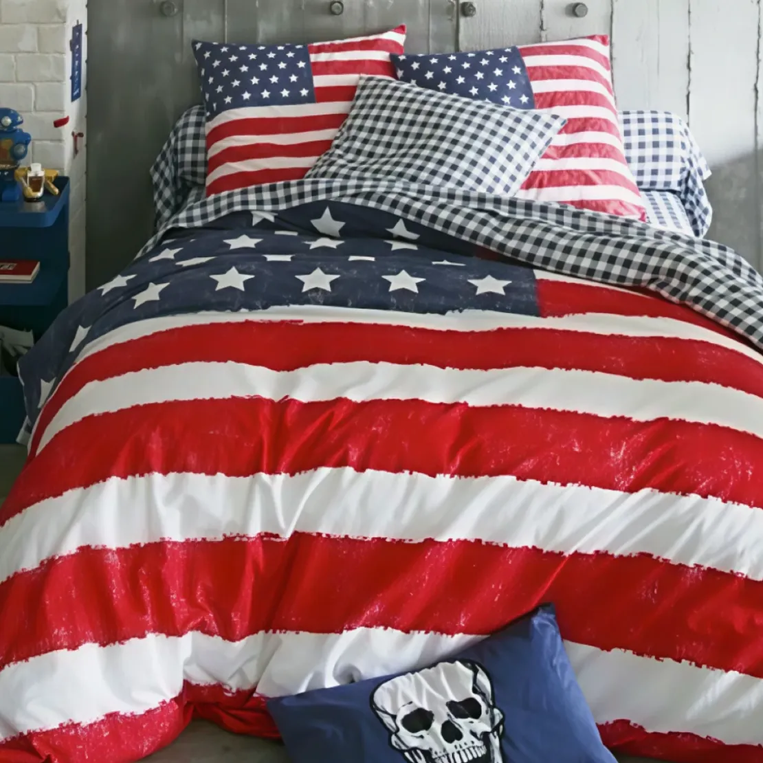 3S. x CollectionTaie de traversin coton US FLAG - Vichy Bleu