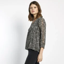 3S. x Le VestiaireBlouse col V imprimée léopard Célia Noire