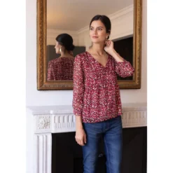 3S. x Le VestiaireBlouse col V imprimée léopard Célia Rouge