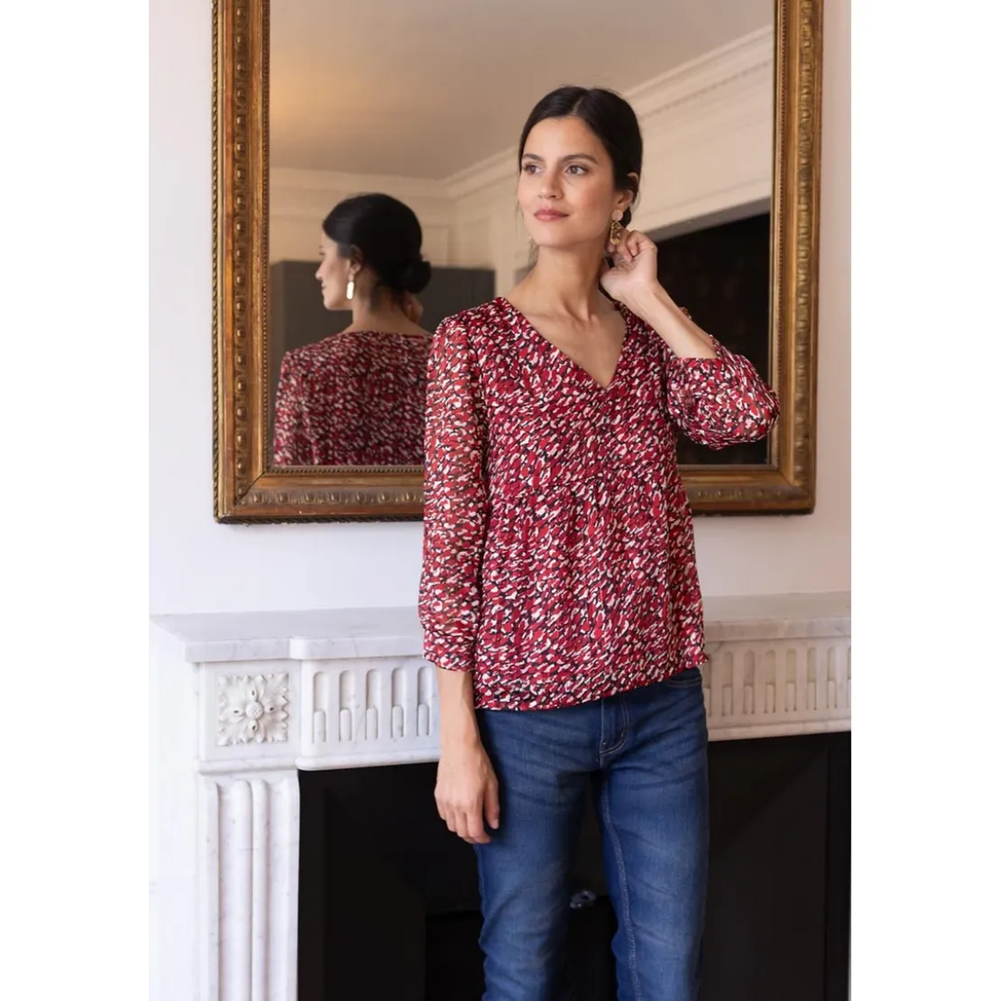 3S. x Le VestiaireBlouse col V imprimée léopard Célia Rouge