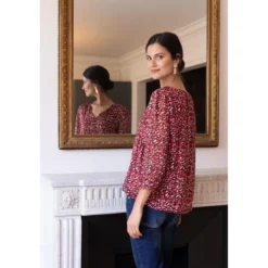 3S. x Le VestiaireBlouse col V imprimée léopard Célia Rouge