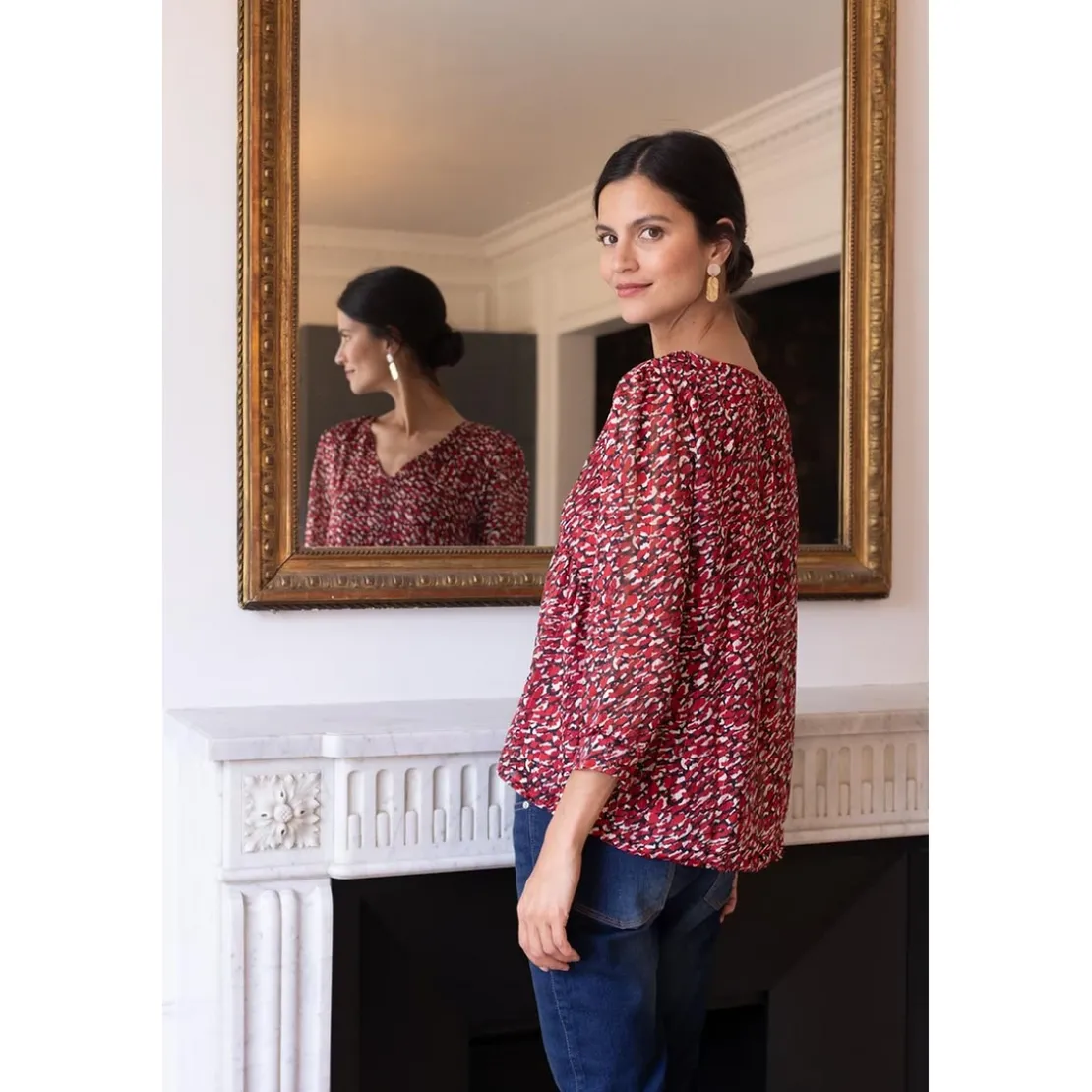 3S. x Le VestiaireBlouse col V imprimée léopard Célia Rouge