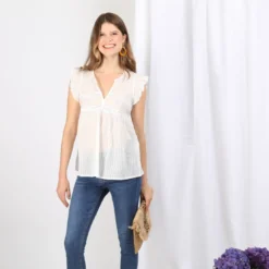 3S. x Le VestiaireBlouse manches courtes rayures lurex Celeste en coton