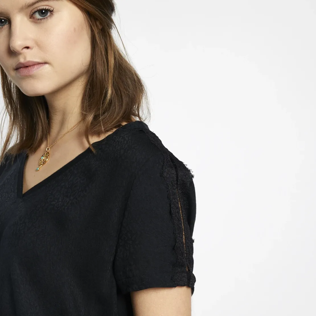 3S. x Le VestiaireBlouse manches courtes col V détail dentelle Donna noir en viscose