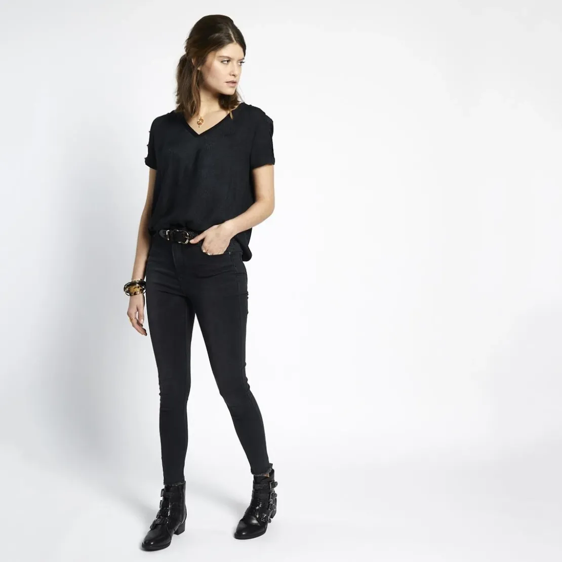 3S. x Le VestiaireBlouse manches courtes col V détail dentelle Donna noir en viscose