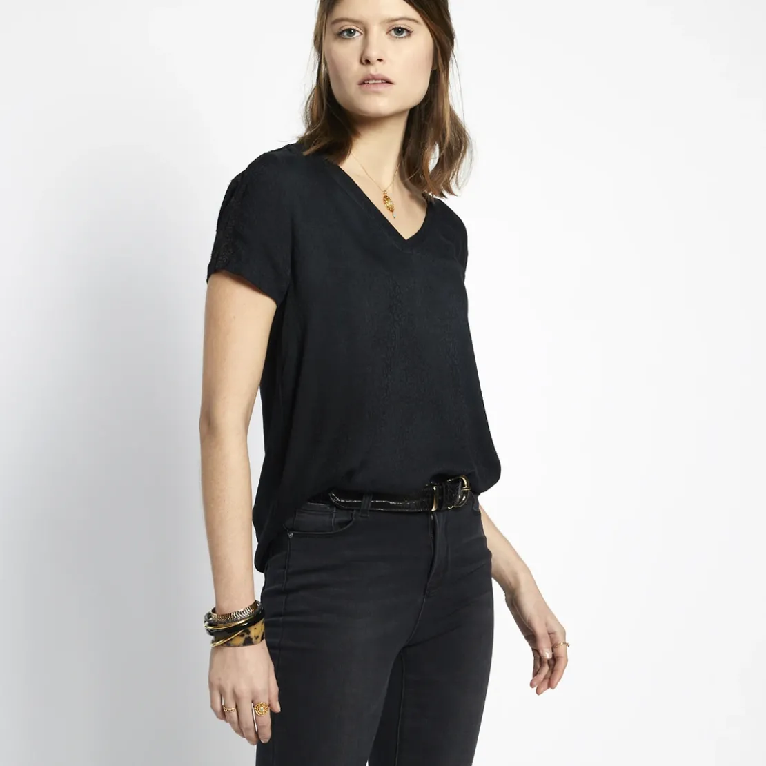 3S. x Le VestiaireBlouse manches courtes col V détail dentelle Donna noir en viscose