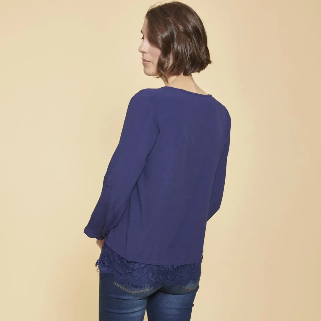 3S. x Le VestiaireBlouse manches longues détail dentelle bleu marine