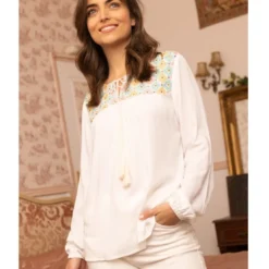 3S. x Le VestiaireBlouse manches longues élastiquées fronces et broderie femme - écru blanc en viscose