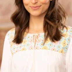 3S. x Le VestiaireBlouse manches longues élastiquées fronces et broderie femme - écru blanc en viscose