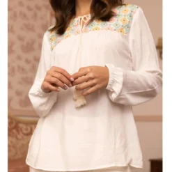 3S. x Le VestiaireBlouse manches longues élastiquées fronces et broderie femme - écru blanc en viscose