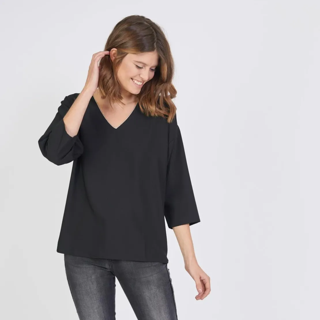 3S. x Le VestiaireBlouse manches longues col V doré Emilie noir