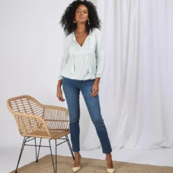 3S. x Le VestiaireBlouse manches longues en viscose et bas élastiqués dentelle femme - Bleu
