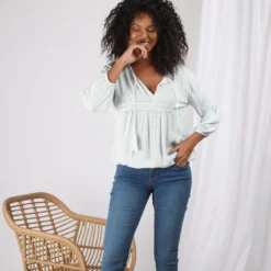 3S. x Le VestiaireBlouse manches longues en viscose et bas élastiqués dentelle femme - Bleu