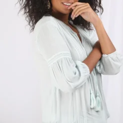 3S. x Le VestiaireBlouse manches longues en viscose et bas élastiqués dentelle femme - Bleu