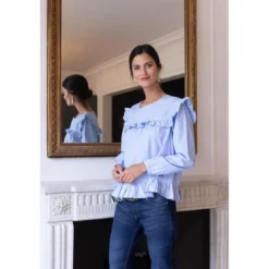 3S. x Le VestiaireBlouse à volants manches longues femme 3 SUISSES COLLECTION bleu en coton