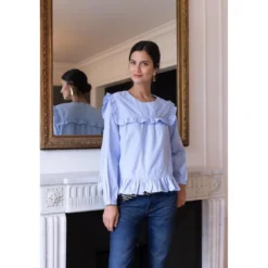 3S. x Le VestiaireBlouse à volants manches longues femme 3 SUISSES COLLECTION bleu en coton